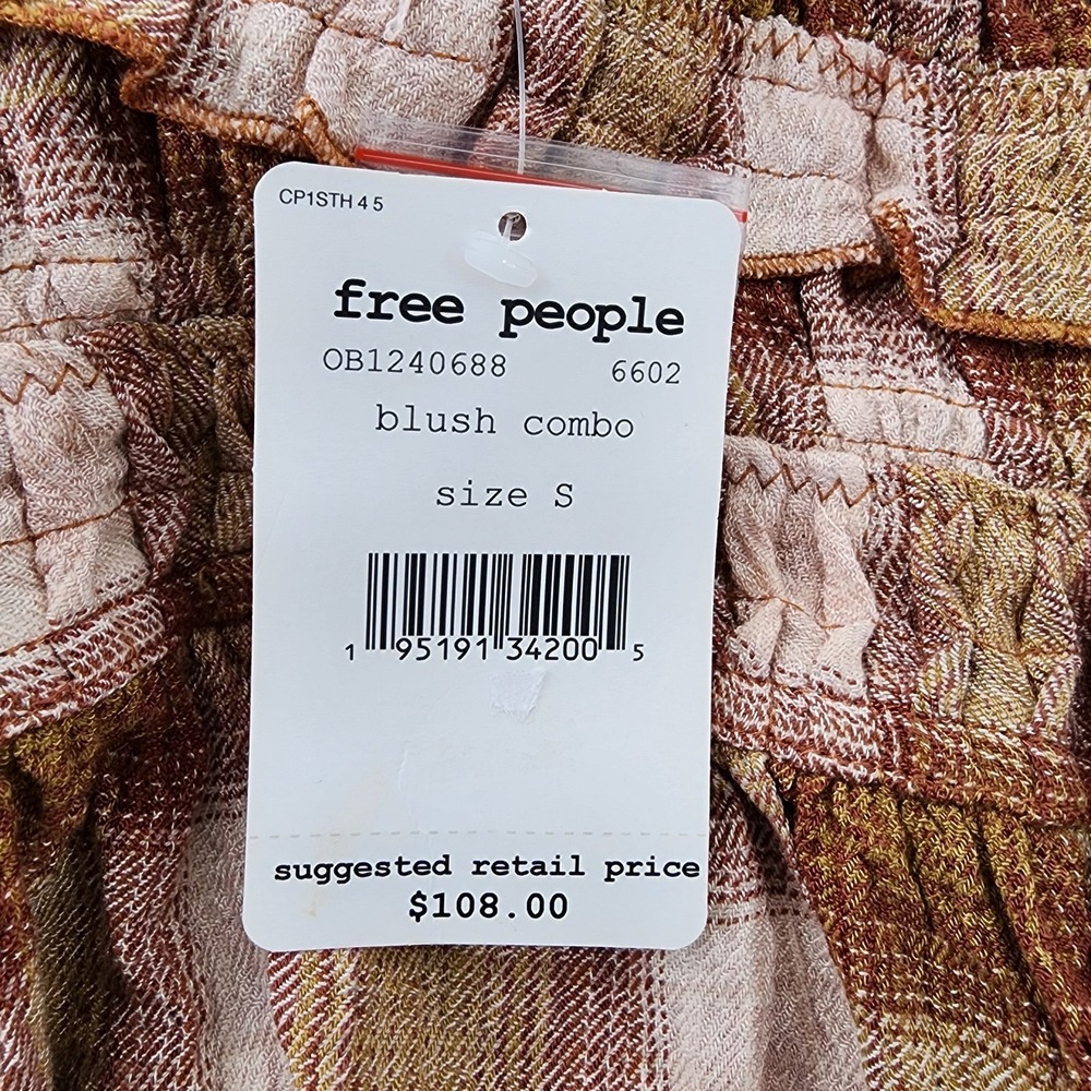 Free People Blush Plaid Smocked Ruffle Top Sz S NWT Boho Cottagecore - Picture 8 of 11
